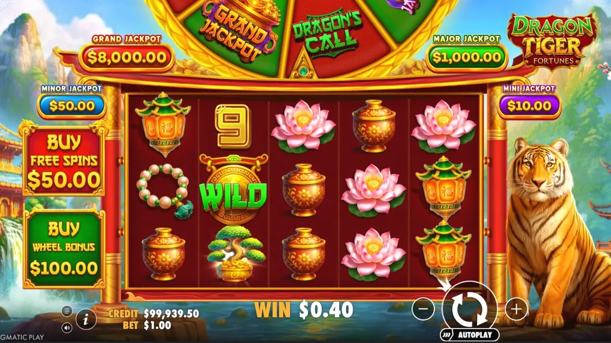 Tampilan visual slot Dragon Tiger Fortunes dengan elemen naga dan harimau yang megah