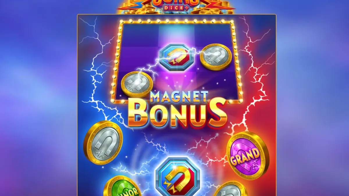 Tampilan visual slot Magnetic Coins Dice dengan tema koin emas dan magnet