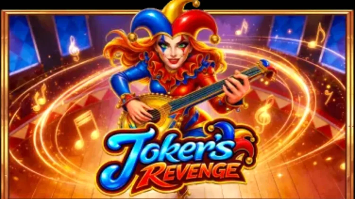 Tampilan visual slot Joker’s Revenge dengan tema harlequin dan simbol klasik.